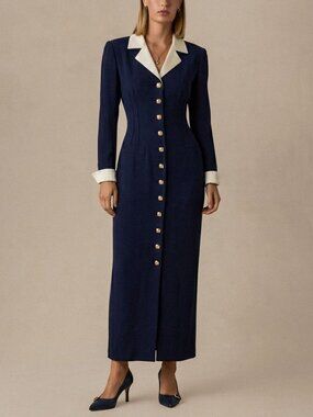 VTG 90s Dana Buchman Navy Blue Contrast Tuxedo Maxi Coat Dress Gold Button Sz 10